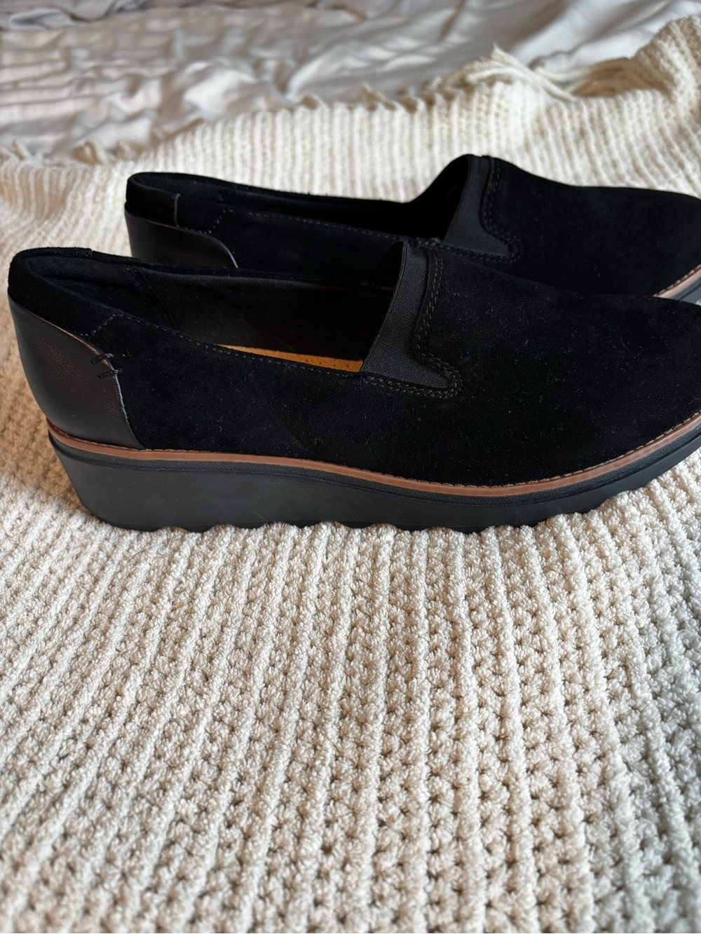 NWT Clarks Black Suede Slip-On Loafers
